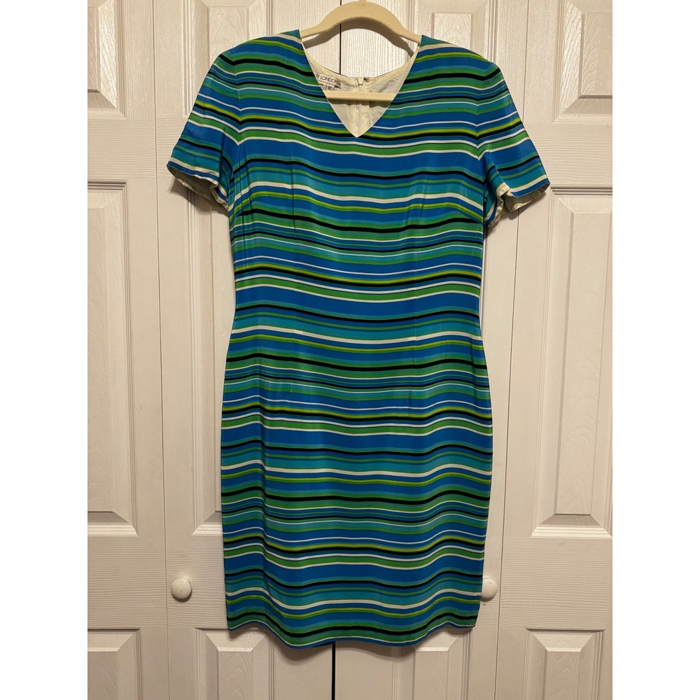 Maggy London Vintage 100% Silk Striped Sheath Dress Blue‎ Green White Womens 12